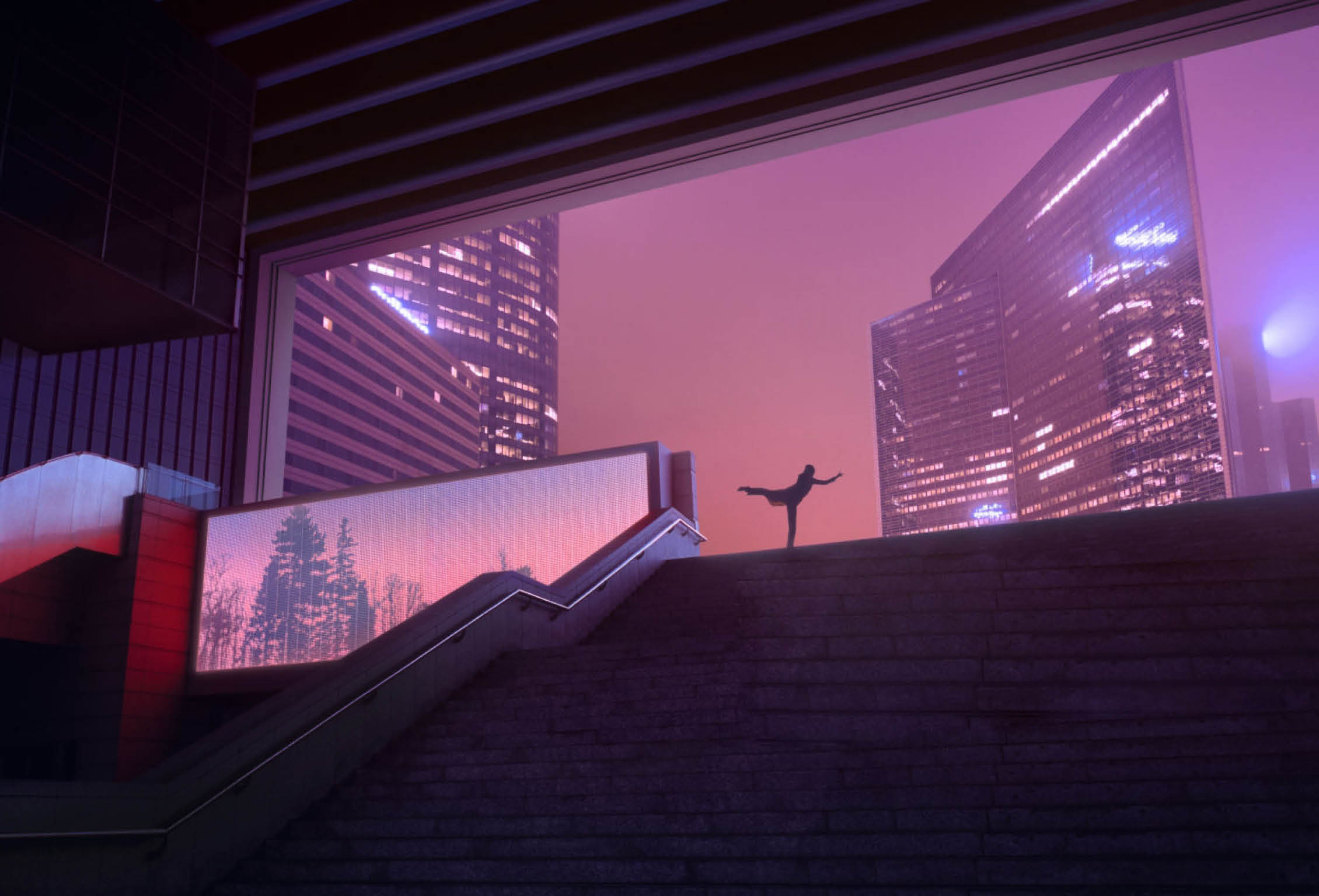 Early morning at misty modern city with woman doing her yoga-like workout 